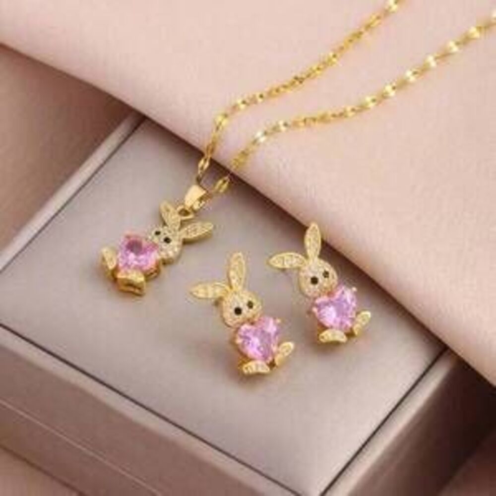 18K Gold Plated Micro-Inlaid Zirconia Rabbit Necklace And Earrin Gift Minimalist